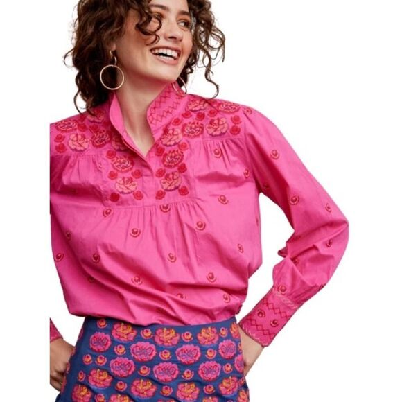 Nimo with Love Juniper Berry Blouse Pink Roses Embroidery Sz. L - Picture 1 of 11